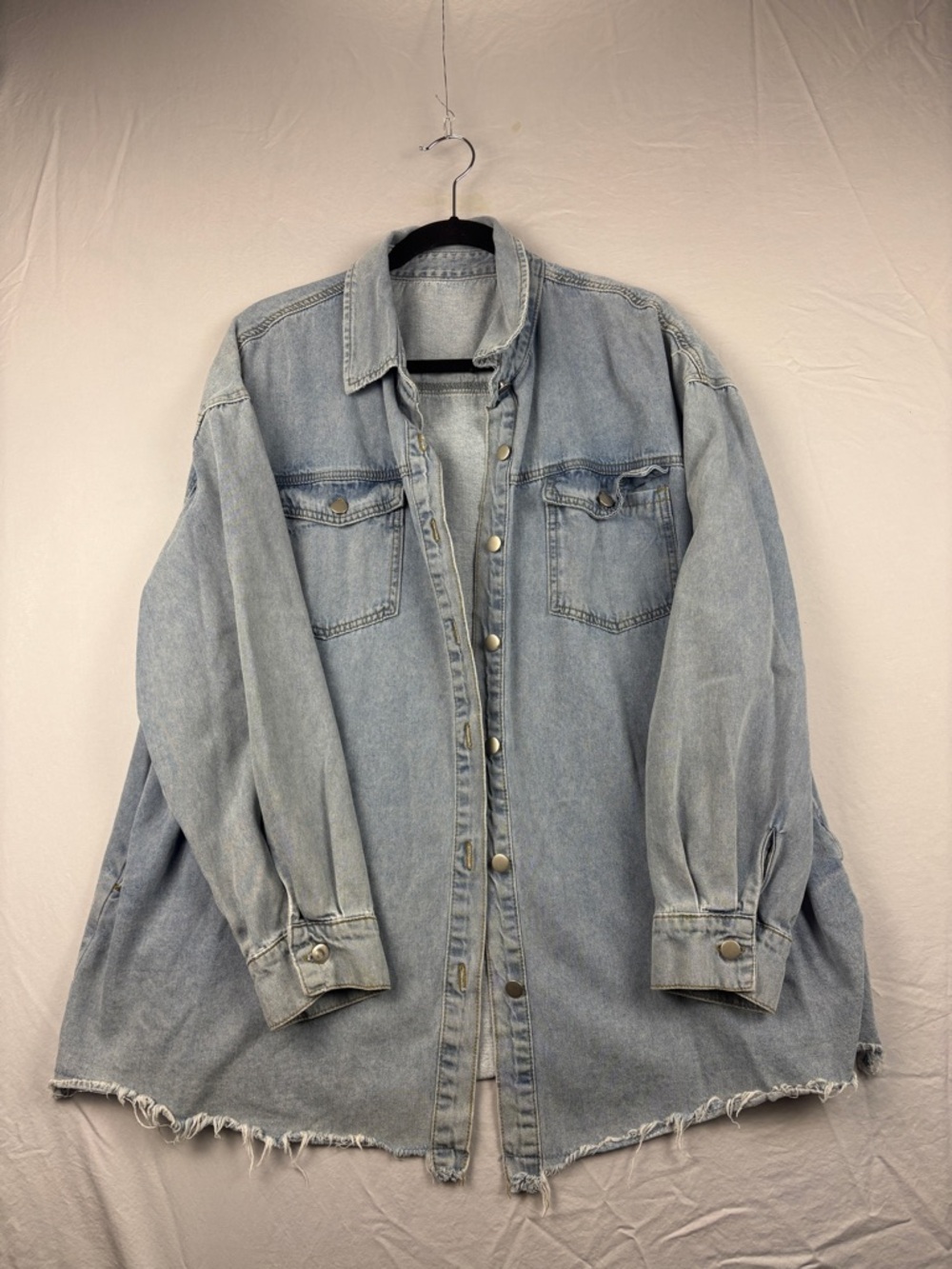 Light Wash Denim  Jacket XL Snap Button Raw Hem Distressed Oversized Shacket